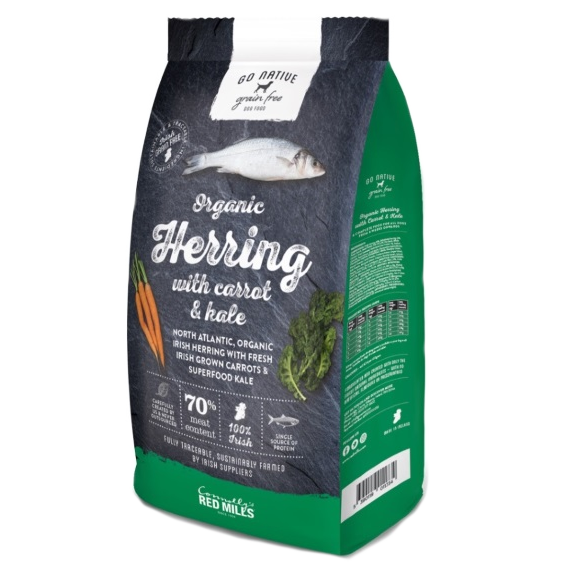 a bag of go native organic herring dog food with carrot and kale