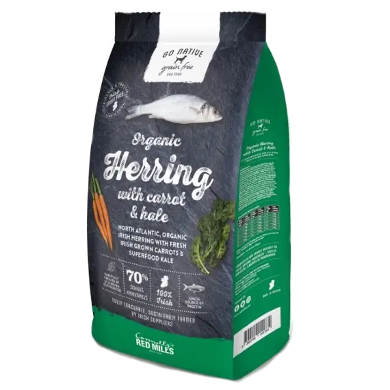 a bag of go native organic herring dog food with carrot and kale